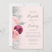 Blütenrosa Silberburgund QR-Code Hochzeit Einladung (Vorderseite)