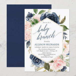 Blütenrosa und marineblaue Babybrunch-Dusche Einladung