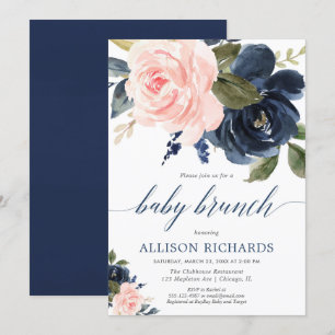 Blütenrosa und marineblaue Babybrunch-Dusche Einladung