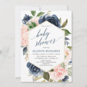 Blütenrosa und marineblaue Babydusche Blumenmuster Einladung (Vorderseite)