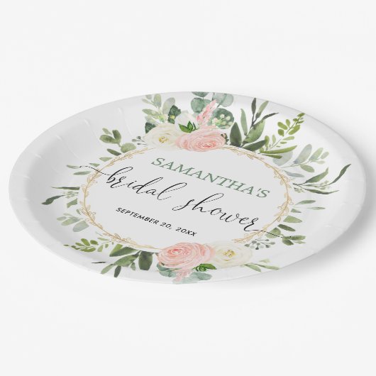 Blütenrosa, weiße Vegetation Gold Blumen elegant Pappteller (Schrägansicht)