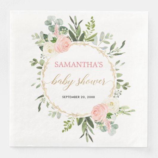 Blütenrosa, weiße Vegetation Gold Blumen elegant Serviette (Vorderseite)