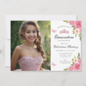 Blütenrosa Zwei Fotos Blumenquinceanera Einladung (Vorderseite)