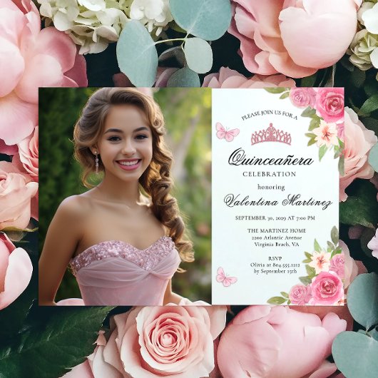 Blütenrosa Zwei Fotos Blumenquinceanera Einladung