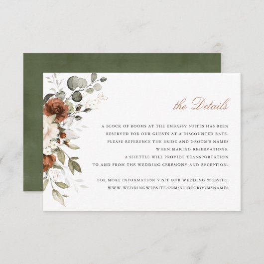 Blütenrost, Creme, Grüne Fallen Details einfügen Einladung (Vorne/Hinten)