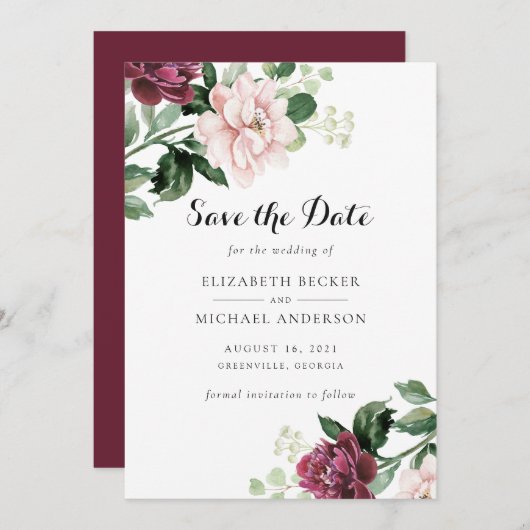 Blütenrot Merlot Grüne Elegant Save the Date Einladung (Vorne/Hinten)