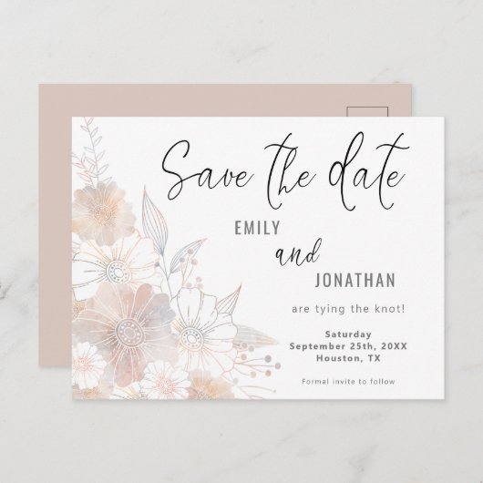 Blütenrot Pfirsichgraue Hochzeit retten Datum Postkarte (Vorne/Hinten)