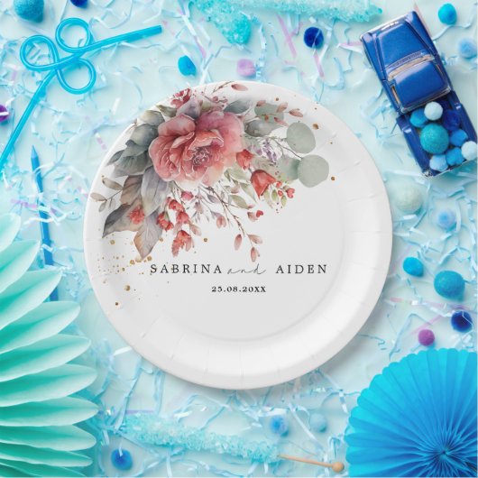 Blütenrot Pfirsichpfirsichblauer Hochzeitstag Pappteller (Party)