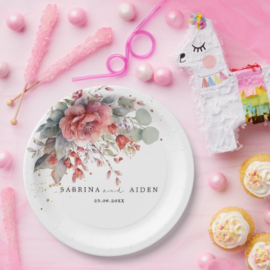 Blütenrot Pfirsichpfirsichblauer Hochzeitstag Pappteller (Party)