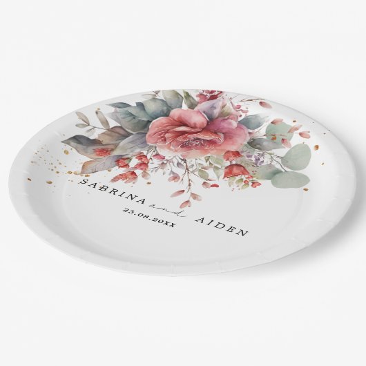 Blütenrot Pfirsichpfirsichblauer Hochzeitstag Pappteller (Schrägansicht)