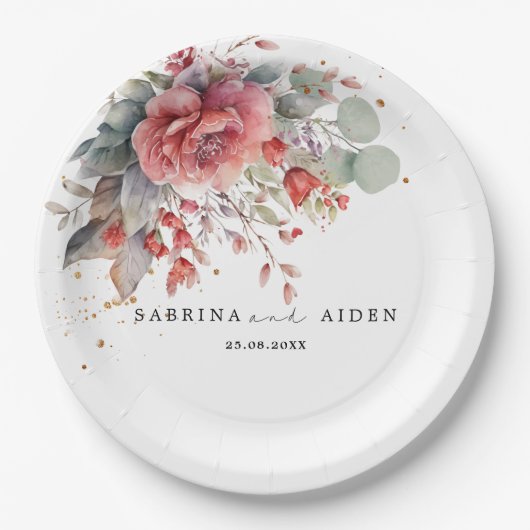 Blütenrot Pfirsichpfirsichblauer Hochzeitstag Pappteller (Vorderseite)