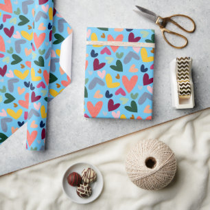 Blütenrot Rosa Blaues Herz Muster Geschenkpapier