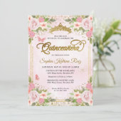 Blütenrot Rosa Glitzer Crown Quinceañera Einladung (Stehend Vorderseite)
