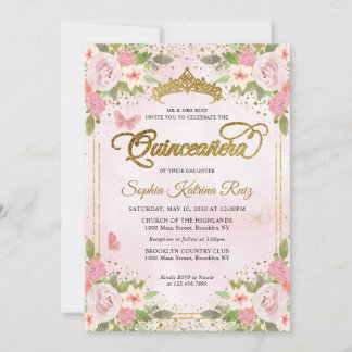 Blütenrot Rosa Glitzer Crown Quinceañera Einladung