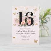 Blütenrot Rosa Glitzer Schmetterling Sweet 16 Einladung (Stehend Vorderseite)
