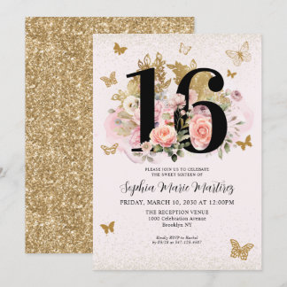 Blütenrot Rosa Glitzer Schmetterling Sweet 16 Einladung