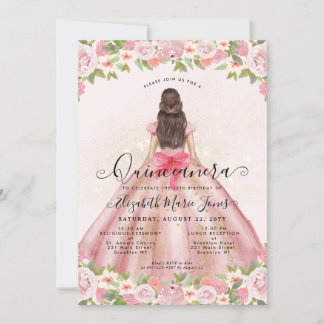 Blütenrot Rosa Gold Glain Prinzessin Quinceanera Einladung