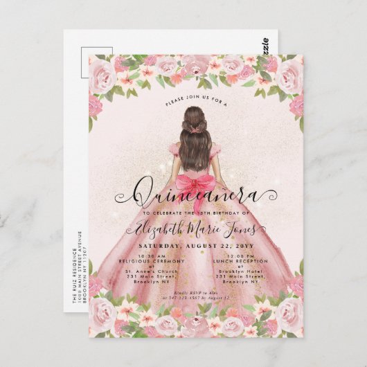 Blütenrot Rosa Gold Glain Prinzessin Quinceanera Postkarte (Vorne/Hinten)