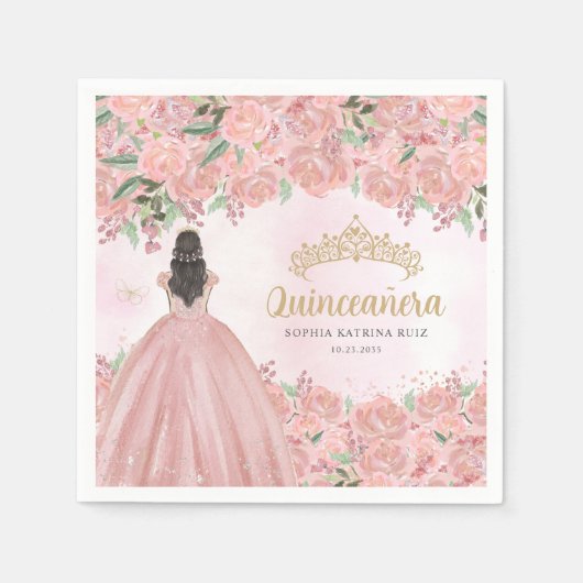 Blütenrot Rosa Goldkleid Prinzessin Quinceanera Serviette (Vorderseite)