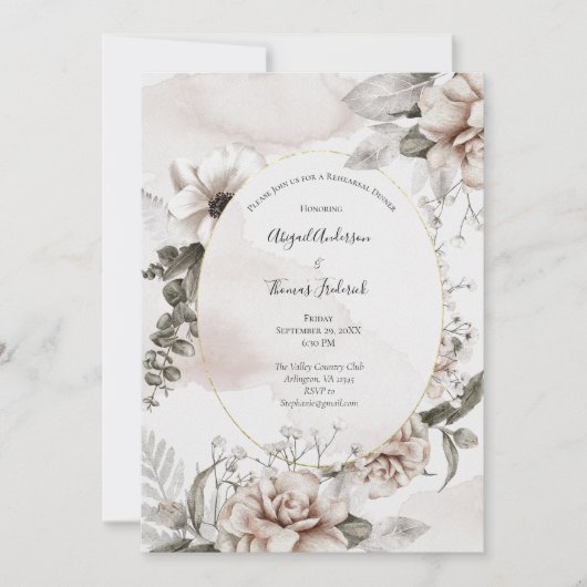 Blütenrot Rosa Grau Elegantes Probe Abendessen Einladung (Vorderseite)