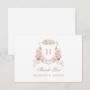 Blütenrot Rose Grünes Wappen Monogramm Hochzeit Dankeskarte