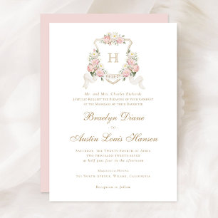 Blütenrot Rose Grünes Wappen Monogramm Hochzeit Einladung