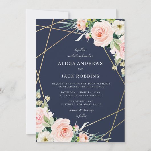 Blütenrot und blaue Hochzeit Einladung (Vorderseite)