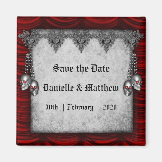 Blütenrote Seide Silber Skulls Gothic Save the Dat Magnet (Vorne)