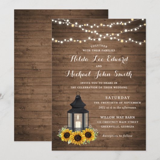 Blütenrustikale Sonnenblume Holz Lantern String Li Einladung (Vorne/Hinten)