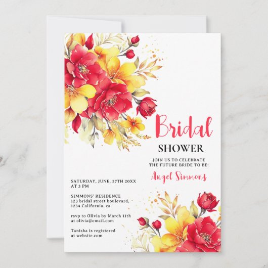 Blütenschrift Brautparty mit hellrotem Fall Einladung (Vorderseite)