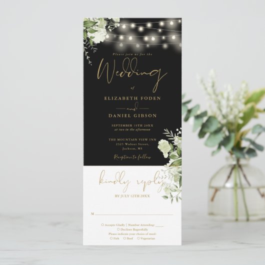 Blütenschwarz-Streichellichter in einer Hochzeit Einladung (Stehend Vorderseite)