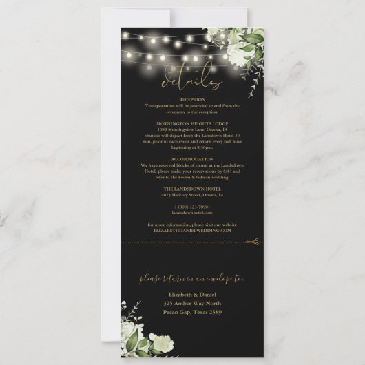 Blütenschwarz-Streichellichter in einer Hochzeit Einladung (Rückseite)