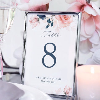 Blütensitzkarte Navy Blue und Blush Pink Tischnummer