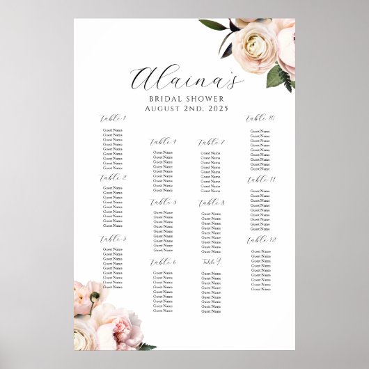 Blütensitzplan, romantisches Brautparty Poster (Vorne)