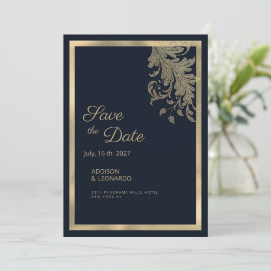 Blütenspitzen der klassischen Marine Save the Date Einladung (Stehend Vorderseite)