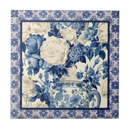 Blütenvase Blauer Chinoiserie-Toilmonogramm Fliese (Vorderseite)