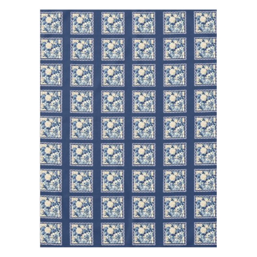 Blütenvase Blauer Chinoiserie-Toilmonogramm Tischdecke (Vorderseite)