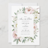 Blütenweiße Peonies beim Hochzeitsfeiern speichern Einladung (Vorderseite)
