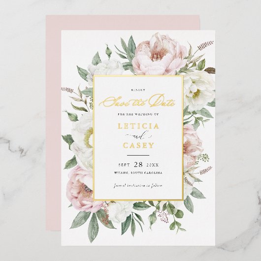 Blütenweißer Peelingfilm Save the Date Folieneinladung (Vorderseite/Rückseite)