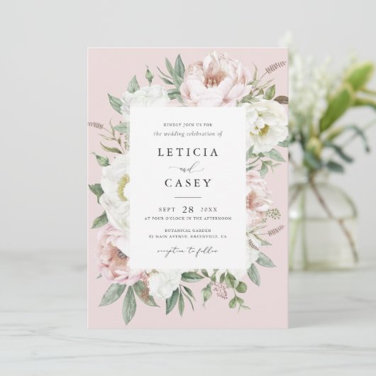 Blütenweißer Peony Rahmen Elegante Hochzeit Einladung (Stehend Vorderseite)