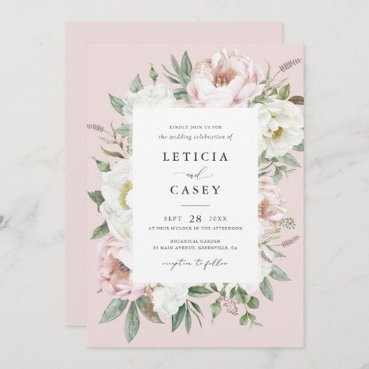 Blütenweißer Peony Rahmen Elegante Hochzeit Einladung (Vorne/Hinten)