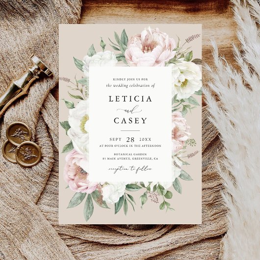 Blütenweißer Peony Rahmen Elegante Hochzeit Einladung