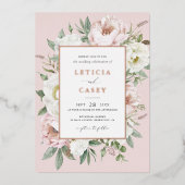 Blütenweißes Peony Rose Hochzeit Folieneinladung (Vorderseite)