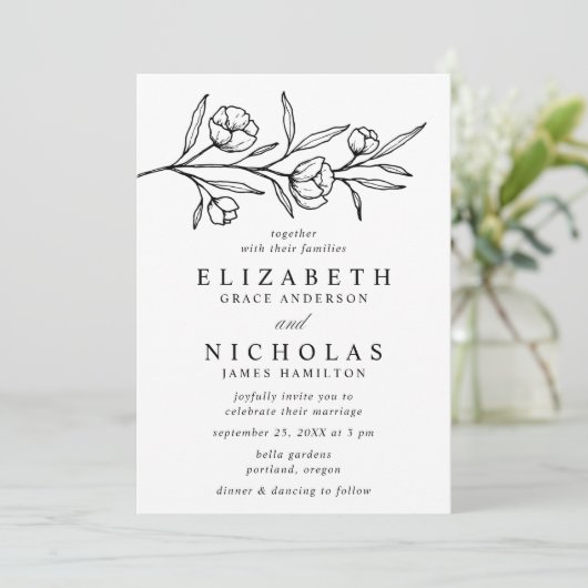 Blütenweißliche und schwarze Hochzeit Einladung (Stehend Vorderseite)