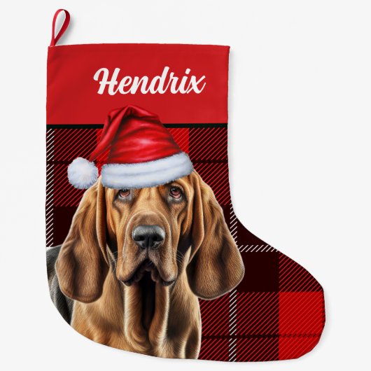 Bluthund mit Holiday Kariert und Hunde Name Großer Weihnachtsstrumpf (Vorderseite)