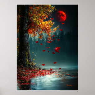 Blutmond über dem Herbstsee - Mystischer Herbst Poster