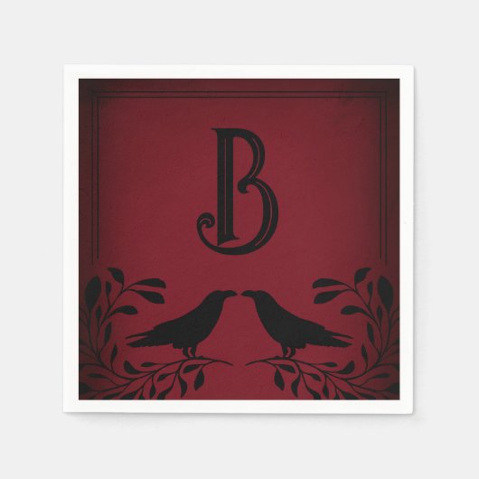 Blutrot schwarzes Raben-Monogramm-Goth-Hochzeit Serviette (Vorderseite)