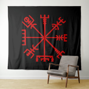 Blutroter Vegvísir (Viking Kompass) Wandteppich