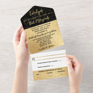 BM Bar Bat Mitzvah Elegante Gold Stars All In One Einladung