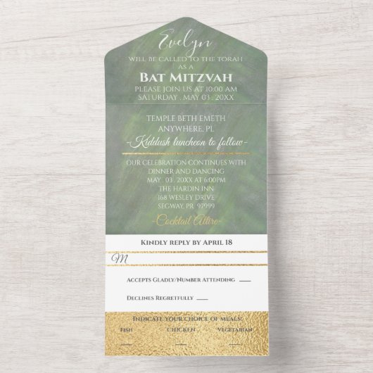 BM Bar Bat Mitzvah Grüntöne Silvers All In One Einladung (Innen Boden)